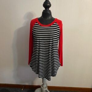 ADREAMLY Black/White/Red stripe crew neck tunic, size M
